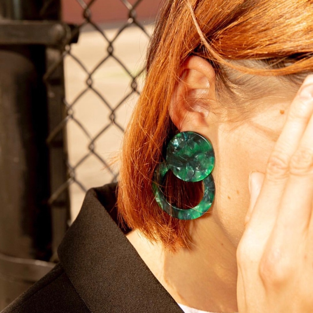 Large Green Resin Round Statement Earrings - Picture 2 of 3